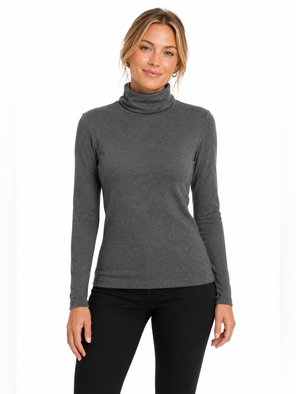 Lands' End Supima Cotton Turtleneck Heather Grey Roll Neck Shirt